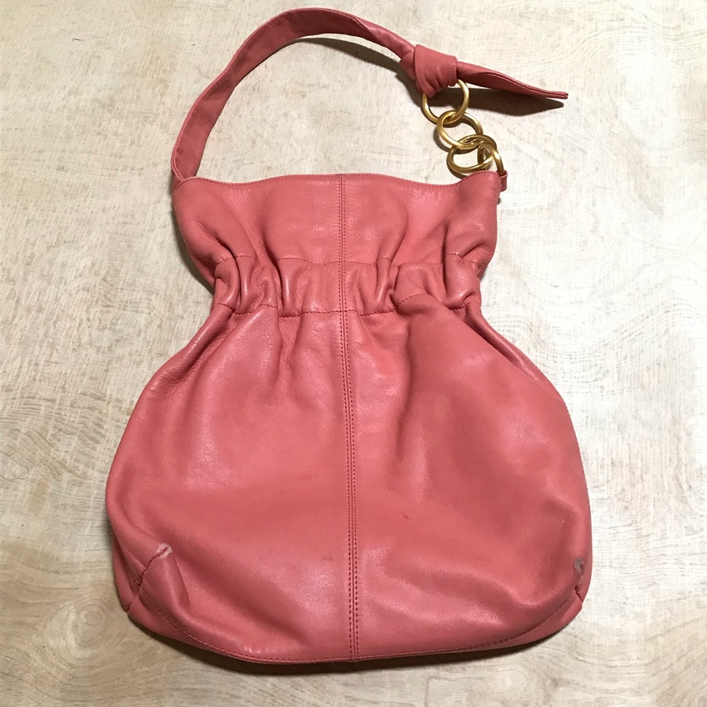 Furla Coral Pink Leather Drawstring Shoulder Bag Hobo Purse